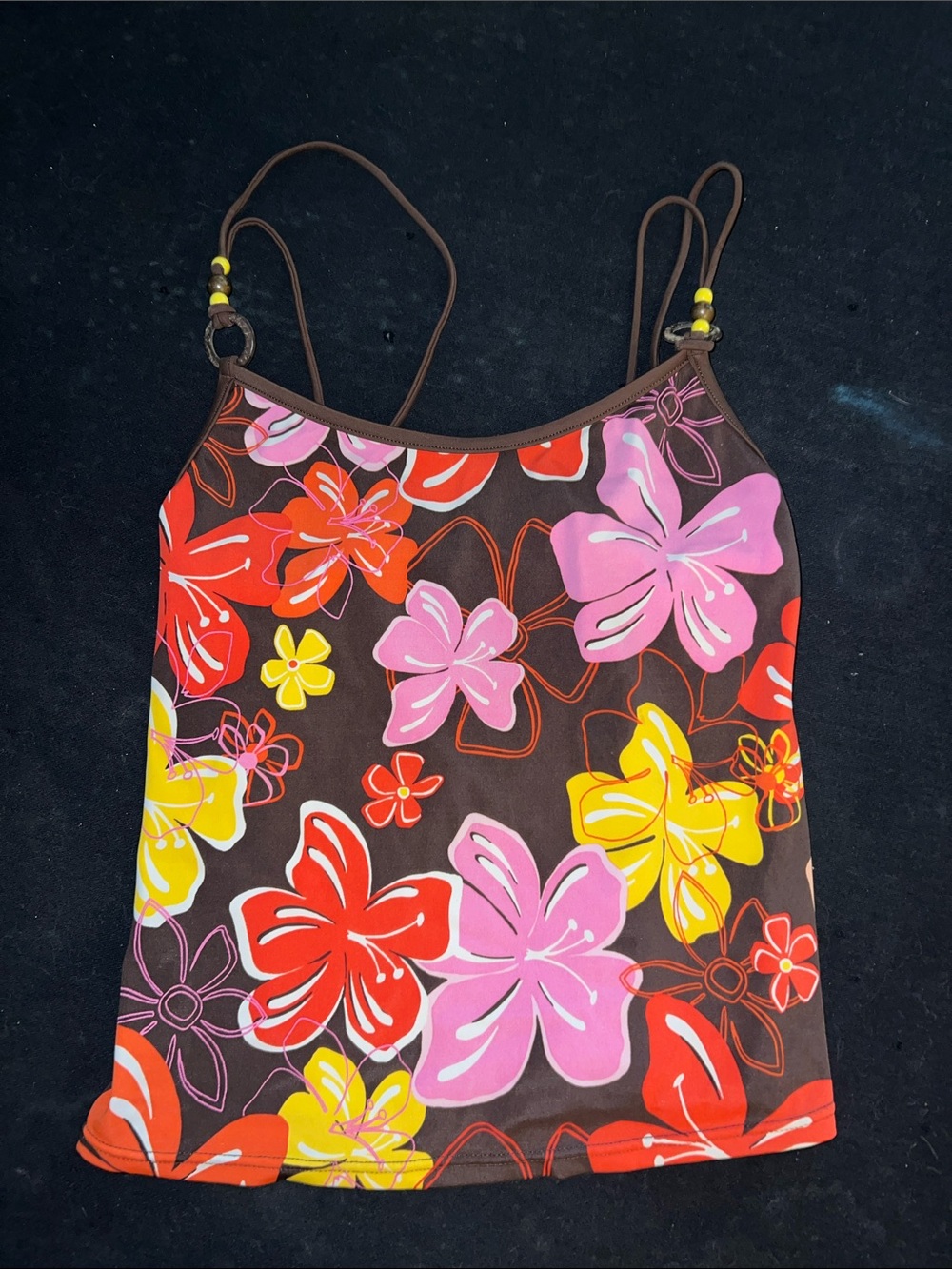 Tropical Floral Spaghetti Strap Tank - Brown Base with Pink Red Yellow Flowers